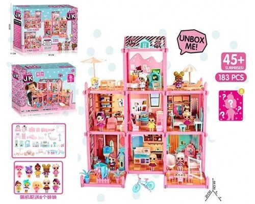 Кукольный Домик BB 005 Surprise 3 этажа, 8 кукол, питомец, мебель, 183 детали