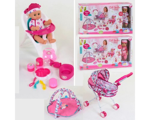Пупс функциональный с набором и коляской. Пахнет, музыкальный 2 вида (89926-89936)