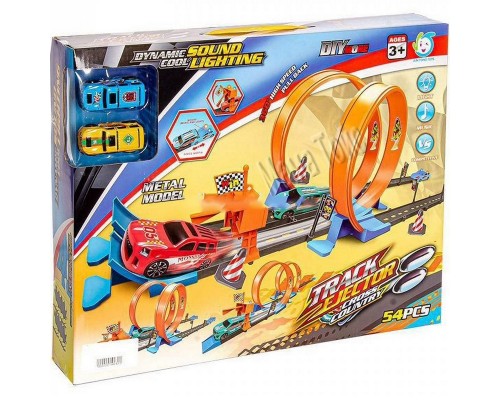 Трек с запуском и машинками металл, 54 детали. звук, свет (652)