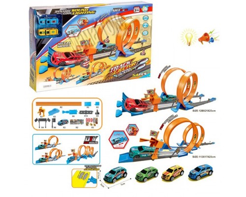 Трек с запуском и машинками металл, 54 детали. звук, свет (652)