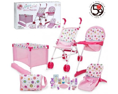 Ігровий набір меблі для ляльки та пупса. Манеж-ліжечко, стільчик, коляска, люлька (FiVEoNiNE T818034)