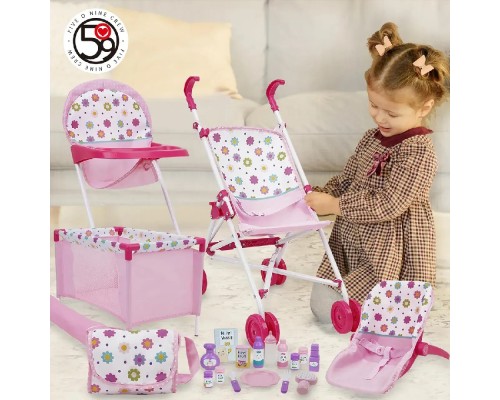 Ігровий набір меблі для ляльки та пупса. Манеж-ліжечко, стільчик, коляска, люлька (FiVEoNiNE T818034)