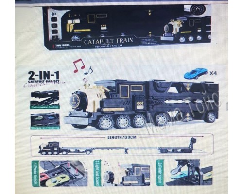 Трейлер трек с машинками и катапультой Поезд, Раскладная трасса 130 см, Запуск (8893)
