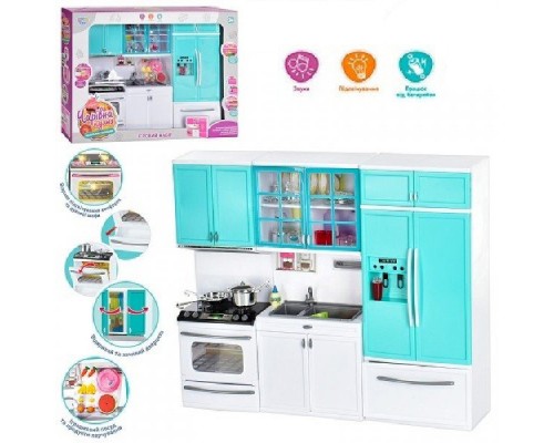 Мебель для куклы Волшебная Кухня с посудой. Звук, свет, 33 см Бирюза (26210)