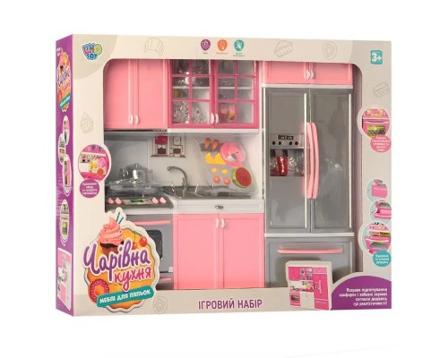 Мебель для куклы Волшебная Кухня с посудой. Звук, свет, 33 см Розовая (26210)