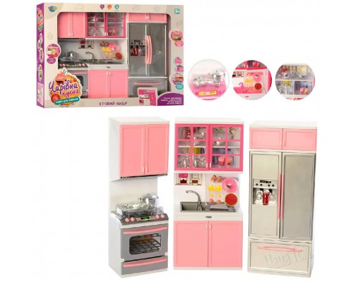 Мебель для куклы Волшебная Кухня с посудой. Звук, свет, 33 см Розовая (26210)