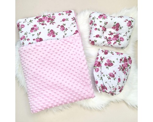 Набор постельный в детскую коляску. Теплое одеяло - конверт, подушка, простынь Розовый
