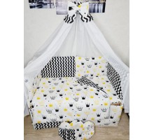 Набор постельный в детскую кроватку, Защита бортики подушки, балдахин, карман (Белый-Корона)