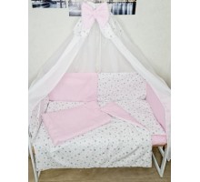 Набор постельный в детскую кроватку, Защита бортики подушки, балдахин, карман (Розовый-Звезды)