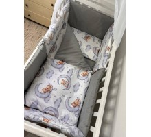 Набір постільний в дитяче ліжечко, Захист бортики подушки, балдахін, кишеня (Сірий Ведмедики)