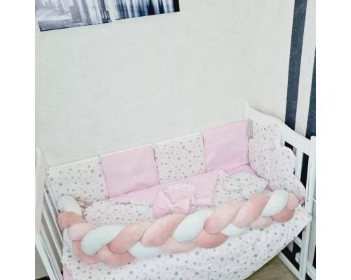 Постель в детскую кроватку бортики защита подушки, коса велюр. Розовый Звезды (Облако)